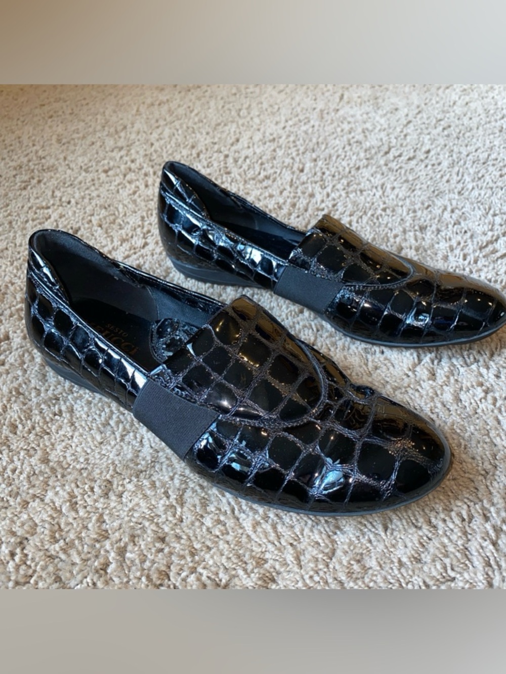 Sesto Meucci Womens Driving Loafers Size 9 Black Patent Shoes Crocodile Leather